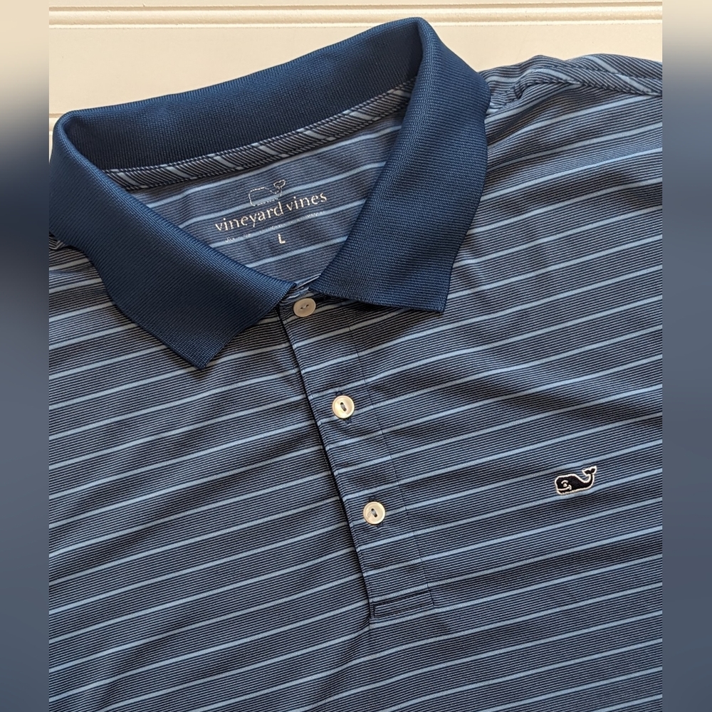Vineyard Vines Men's L Polyester Spandex Blue Striped Polo with Logo